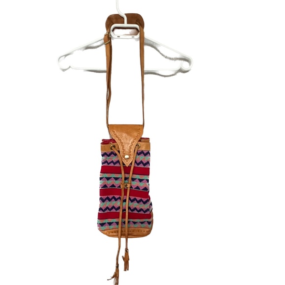 Boho Guatemala Bucket Bag DRAWSTRING Shoulder Tote Leather Woven Pink Red Hippie - Picture 7 of 12